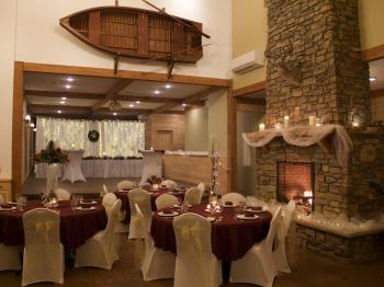 Winter wedding reception setup in the lodge