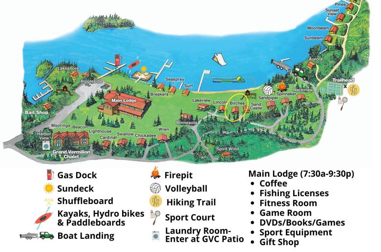 Resort map with Birches' circled, located near the beach.