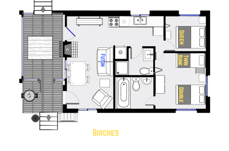 Birches' floor plan showing one level, two bedrooms, and two bathrooms.