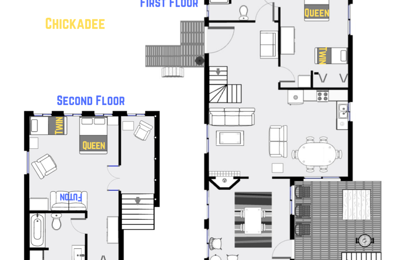 Chickadee's floor plan with two levels, two bedrooms, and two bathrooms.