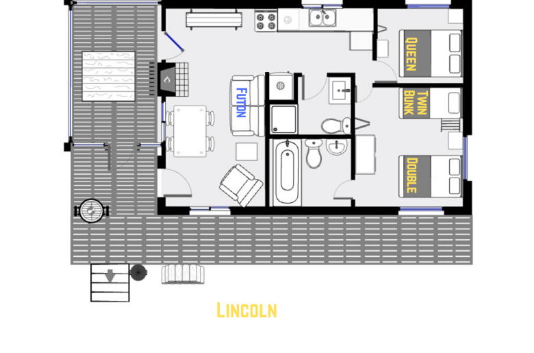 Lincoln's floor plan showing one level, two bedrooms, and two bathrooms.