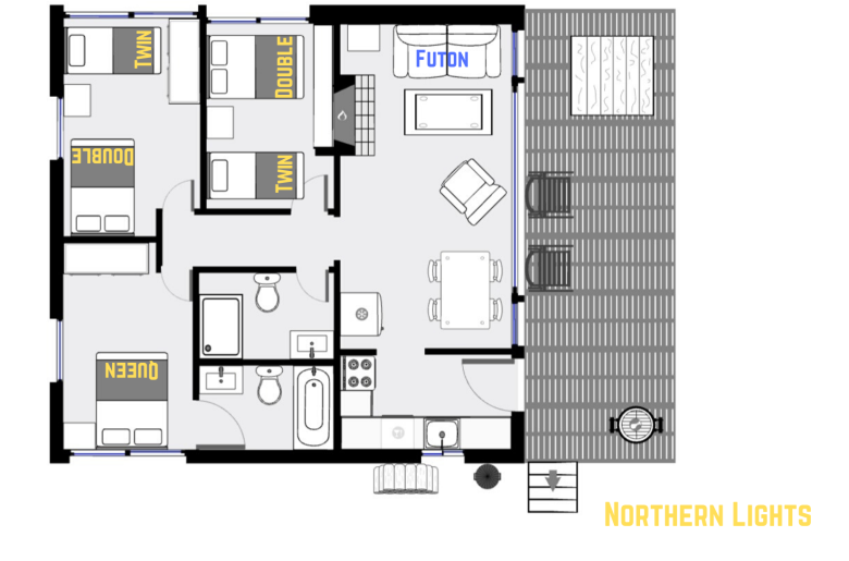 Northern Lights' floor plan showing one level, three bedrooms, and two bathrooms.