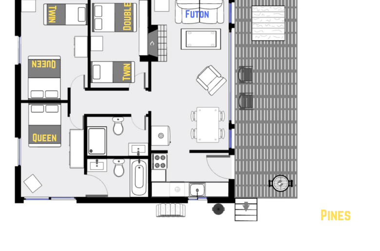 Pines' floor plan showing one level, three bedrooms, and two bathrooms.