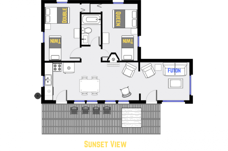 Sunset View's floor plan showing one level, two bedrooms, and one bathroom.