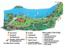 Resort map with Lighthouse circled, located near the harbor and lodge.