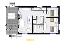 Birches' floor plan showing one level, two bedrooms, and two bathrooms.
