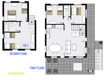 Spinnaker's floor plan showing two levels, three bedrooms plus loft bedroom, and two bathrooms.