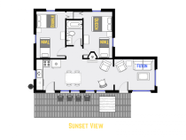 Sunset View's floor plan showing one level, two bedrooms, and one bathroom.