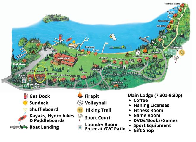 Resort map with Beacon circled; located near the harbor and lodge.