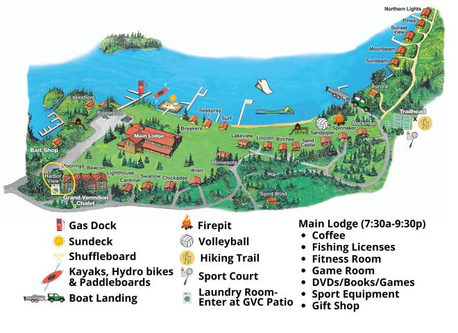 Resort map with Harbor View circled; located near the lodge and harbor.