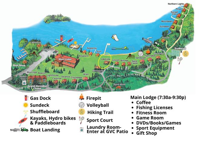 Resort map with Lakeview circled, located near the beach.