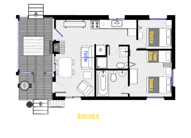 Birches' floor plan showing one level, two bedrooms, and two bathrooms.