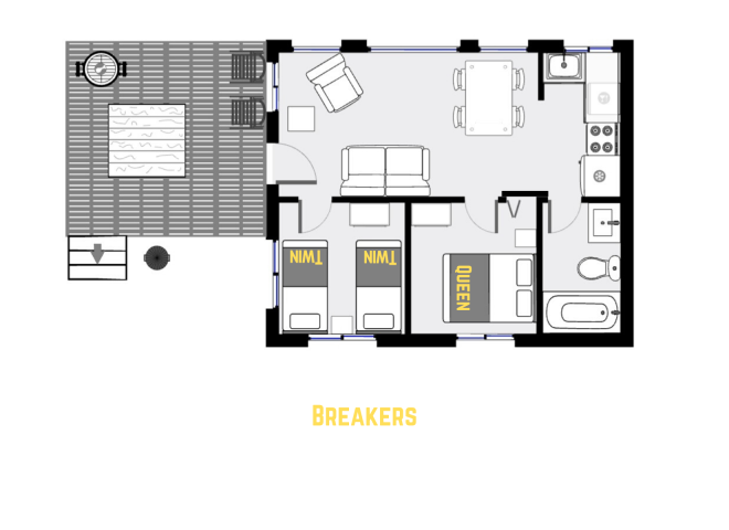 Breaker's floor plan showing one level, two bedrooms, and one bathroom.