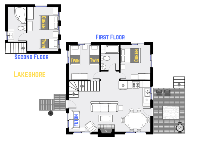 Lakeshore's floor plan showing two levels, two bedrooms plus loft bedroom, and two bathrooms.