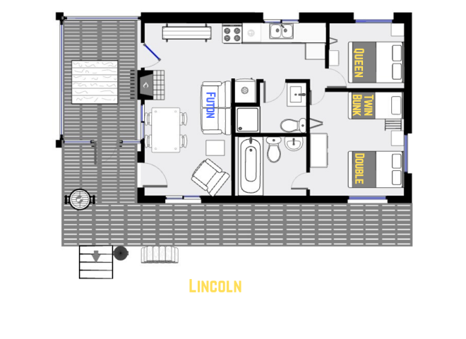 Lincoln's floor plan showing one level, two bedrooms, and two bathrooms.