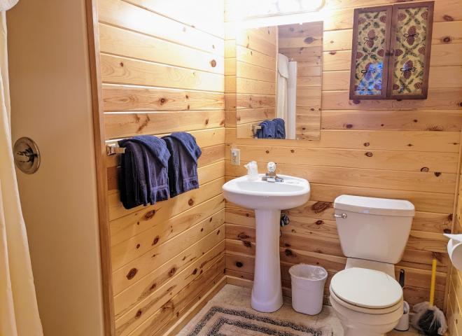 Main floor bathroom with a wide door and easy access shower and sink.