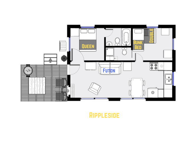 Rippleside's floor plan showing one level, two bedrooms, and two bathrooms.
