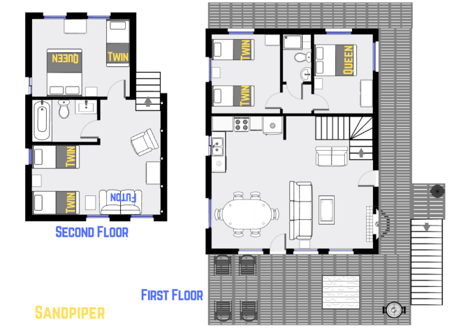 Sandpiper's floor plan showing two levels, three bedrooms plus loft bedroom, and two bathrooms.