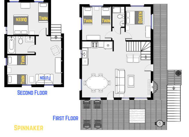 Spinnaker's floor plan showing two levels, three bedrooms plus loft bedroom, and two bathrooms.