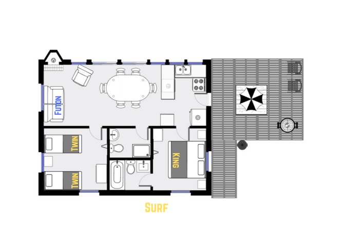 Surf's floor plan showing one level, two bedrooms, and two bathrooms.