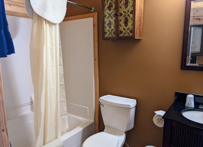 Upstairs bathroom with a standard tub/shower.