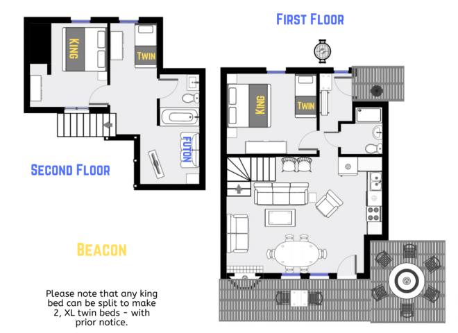 Beacon's floor plan showing two levels, two bedrooms plus loft bedroom, and two bathrooms.