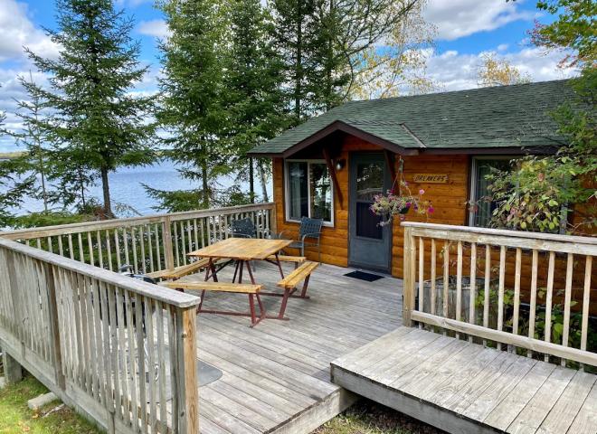 Deck area with a picnic table and charcoal grill.