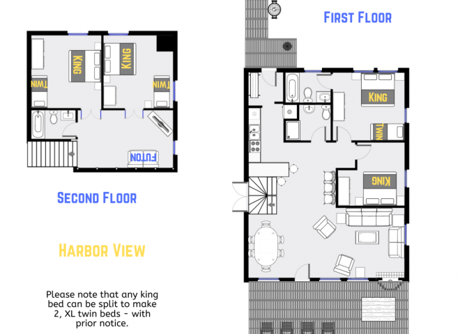 Harbor View's floor plan showing two levels, four bedrooms, and three bathrooms.