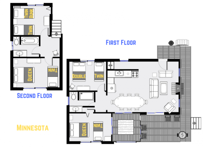 Minnesota's floor plan showing two levels, four bedrooms, and two bathrooms.