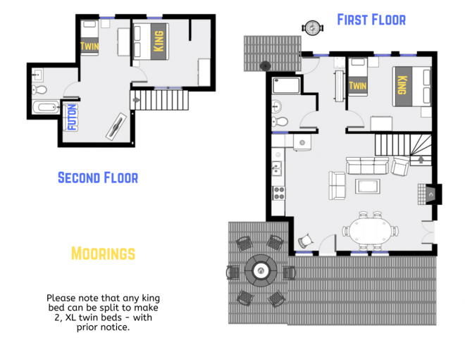 Moorings' floor plan showing two levels, two bedrooms plus loft bedroom, and two bathrooms.
