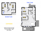 Lighthouse floor plan showing two levels, four bedrooms and three bathrooms.