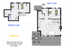 Moorings floor plan showing two levels, two bedrooms, plus loft, and two bathrooms.