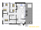 Northern Lights' floor plan showing three bedrooms and two bathrooms.