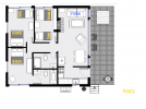 Pines' floor plan showing three bedrooms and two bathrooms.