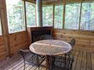 Screened port with a patio table and wood burning fireplace.
