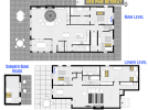 Floor plan showing 4 bedrooms, 4 bathrooms, two living areas, large decks, and a bunk house.