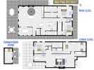 Floor plan showing 4 bedrooms, 4 bathrooms, two living areas, large decks, and a bunk house.