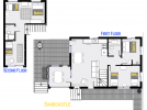 Sandcastle's floor plan showing two levels, two bedrooms, plus loft bedroom and two bathrooms.