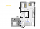 Sunbeam's floor plan showing one bedroom and one bathroom.