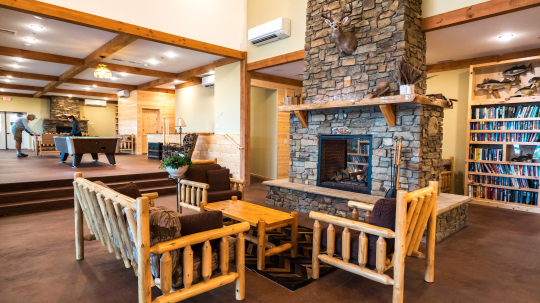 The fireplace in the Main Lodge