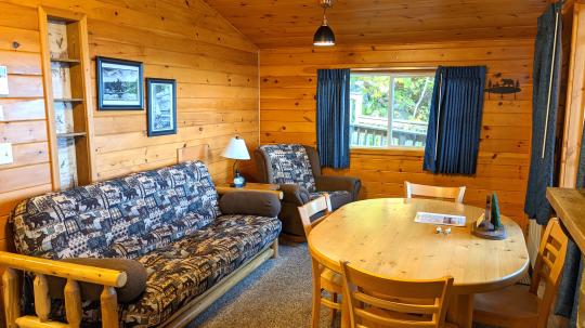 Lincoln's living room with a futon, chair, dining table, and wood burning fireplace.