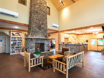 The fireside reading area in the Main Lodge