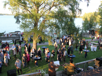 Outdoor wedding reception in front of the Main Lodge