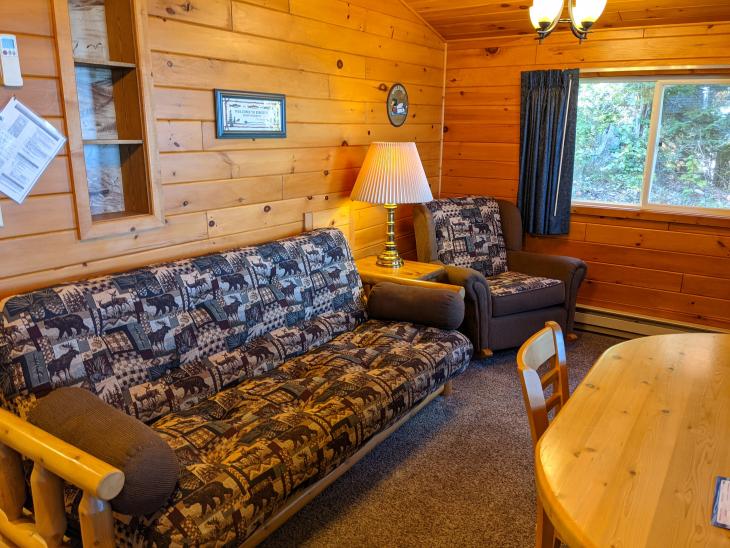 Open living and dining room with a futon, chair and wood burning fireplace.