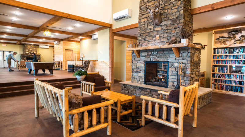 The fireplace in the Main Lodge at Pehrson Lodge on Lake Vermilion