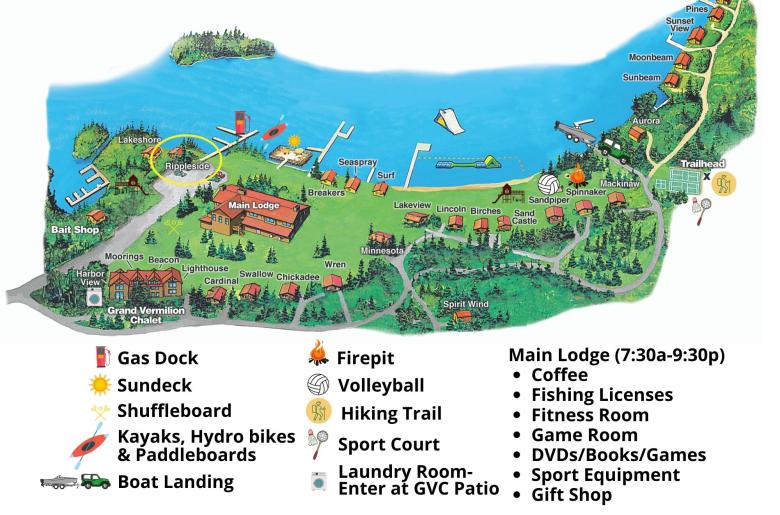 Resort map with Rippleside circled, located near the lodge and harbor.