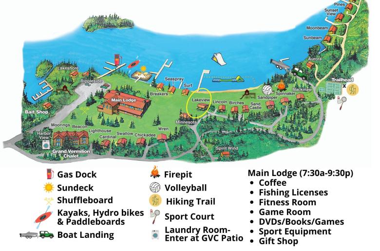 Resort map with Lakeview circled, located near the beach.