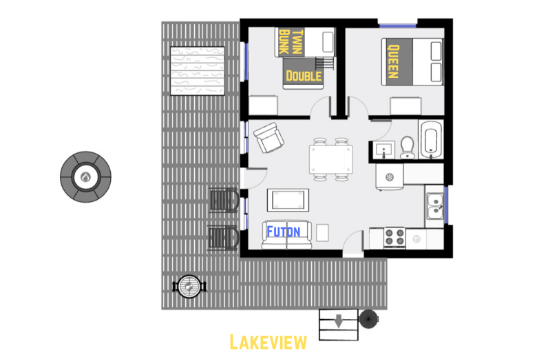 Lakeview's floor plan showing one level, two bedrooms, and one bathroom.