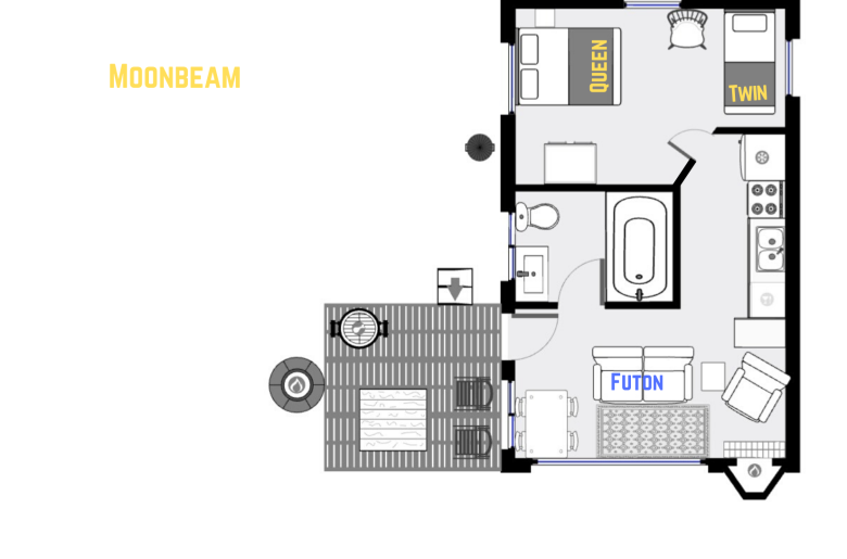 Moonbeam's floor plan showing one level, one bedroom, and one bathroom.