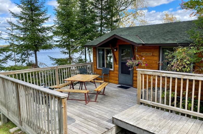 Deck area with a picnic table and charcoal grill.